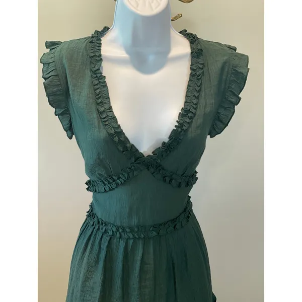 Pinch Dark Green Ruffle Trim Dress Size L Flutter Sleeve V‑Neck - Image 2
