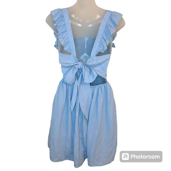 SHEIN Blue Solid Tie Backless Ruffle Trim Dress Size XS - Image 2