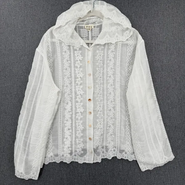 POL White Embroidered Eyelet Lace Button Front Blouse Boho Romantic Cottagecore - Image 2