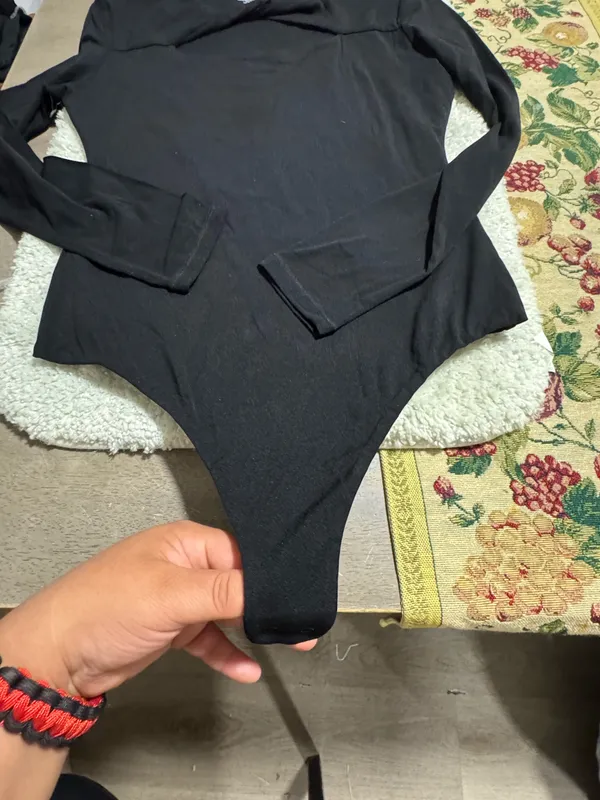 PUMIEY Women’s Bodysuit Size M Black Wrap Front Thong Back - Image 4