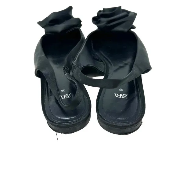 Zara Straple Flat‎ Shoes with Flowers Black Satin Rosette Size 36 US 5 - Image 5