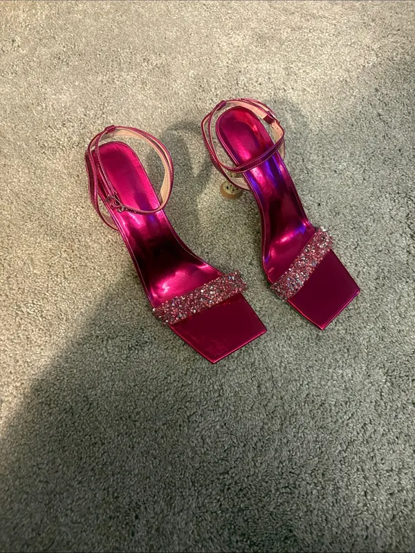 SheIn Women's Metallic Fuchsia Ankle-Strap Heels with Crystal Toe Strap 11 - Image 2