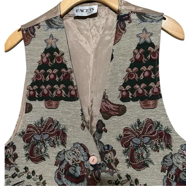 Facets by Mirrors Vintage Women Size M Christmas Tree Santa Claus Tapestry Vest - Image 2
