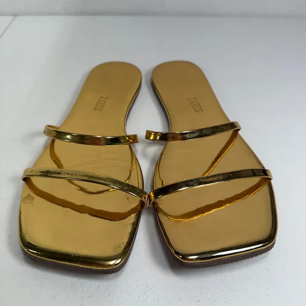 TKEES Size 9 Slide Sandals Gemma Gold Metallic Patent Leather Square Toe Flat - Image 5