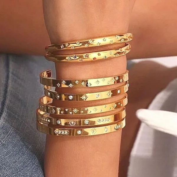 Boutique NEW Heavy 18k Gold Simulated Diamond Stars Bangle Cuff Bracelet‎ Sz Adjustable - Image 7