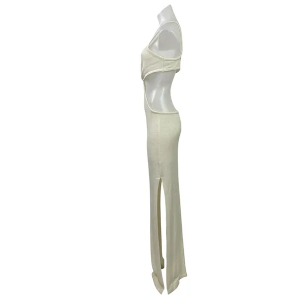 12th Tribe Women's Cream Sleeveless Knit Twisted Knot Slit Cutouts Maxi Dress S - Image 2