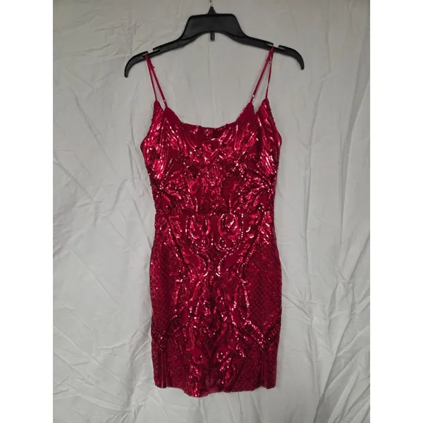 B. Darlin' Solid Red Sequin Spaghetti Strap Short Homecoming Dress 3/4 - Image 2