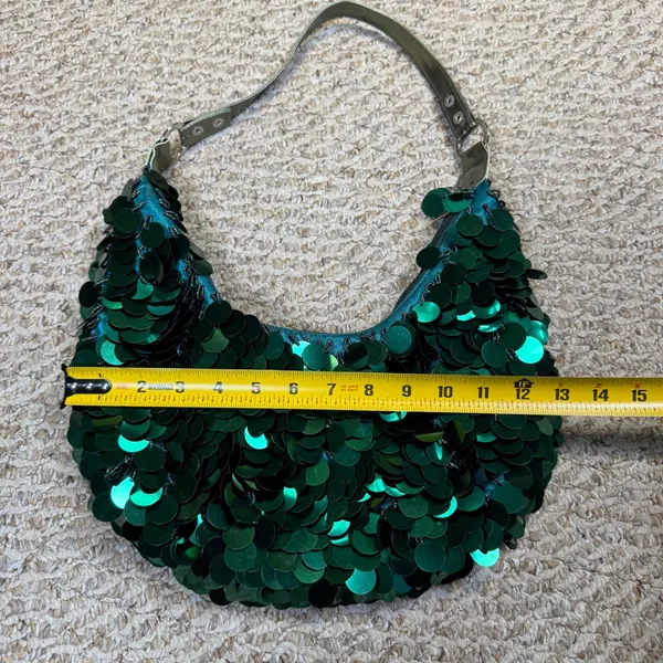 Emerald Green Large Disc Sequin Hobo Bag Metallic Gold Strap Mermaidcore Party - Image 3