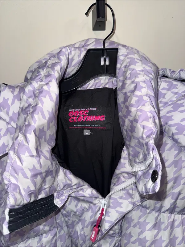 OOSC purple houndstooth chic ski puffer jacket size large‎ - Image 3