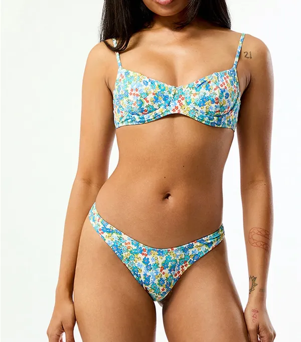 Pacsun Blue & White Floral Madison Underwire Bralette Bikini Top & Bottom - Image 2