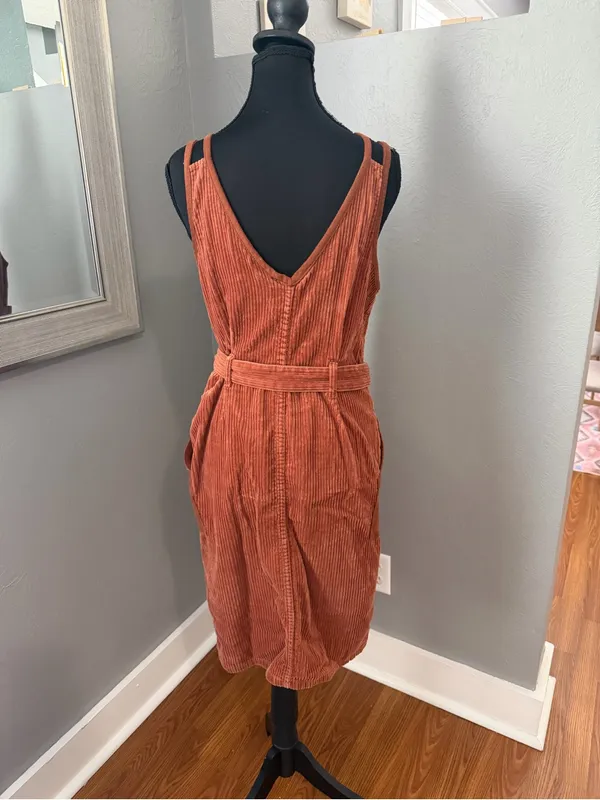 OAT Corduroy Button Front Granola Girl Boho Midi Dress Medium. Tie Wais - Image 5