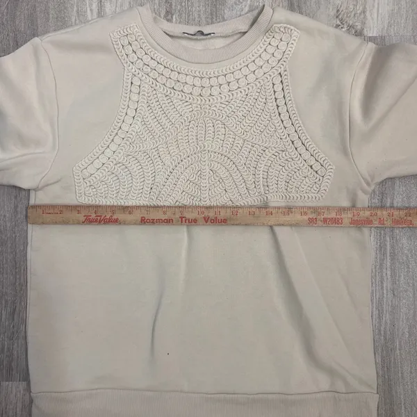 Zara Womens‎ Cream Embroidered Bib Sweatshirt Long Sleeve Crew Neck Small - Image 6