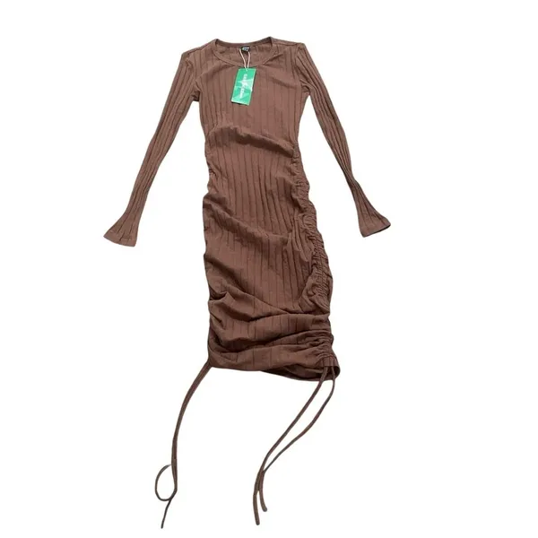 Drawstring Ruched Side Bodycon Dress in Brown, Size XS​ - Image 2