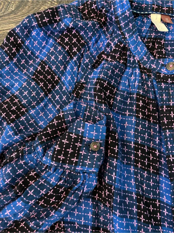 Anthropologie Pilcro Button Up Womens XS Blue Embroidered Plaid Crew Neck Blouse - Image 8