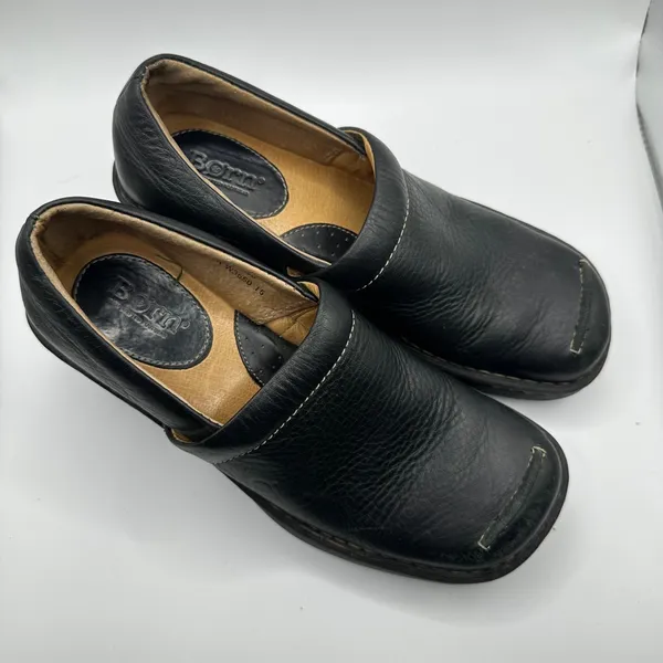 Born Black Leather Square Toe Wedge Clogs‎ Slip On Shoes Women Size 7 chunky - Image 2