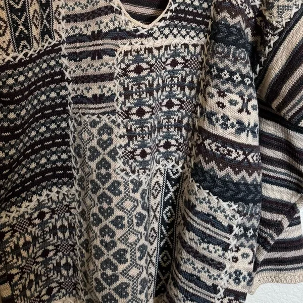 Vintage Grandma Knit Sweater Sz Small Oversized Patchwork‎ Striped Cozy Cabin - Image 2