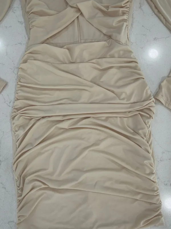 Missguided Nude Long Sleeve Ruched Cutout Midi Dress - Image 3