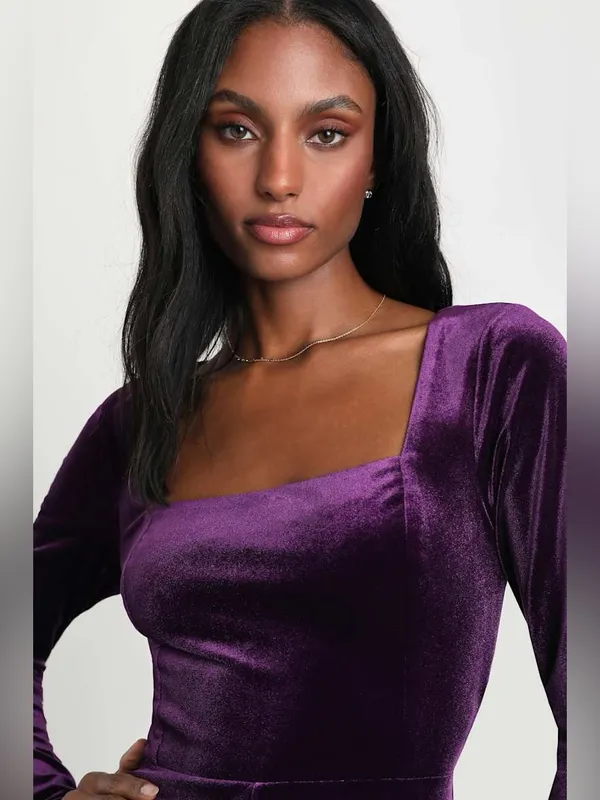 Lulu's Feeling Cheery Purple Velvet Long Sleeve Tie-Back Romper - Image 4