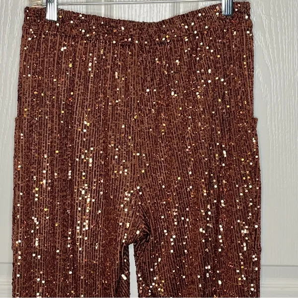 Free People Morelia Bronze Sequin Jogger Pants Sz M Shiny Sparkly Party Festival - Image 11