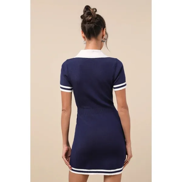NWT Lulus Calculated Charm Navy and White Collared Mini Sweater Dress Size M - Image 5