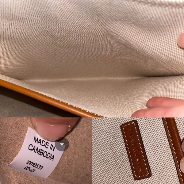 Tory Burch Blake Jumbo Tote‎ Bag Canvas Leather Trim Neutral Cream Brown Cuoio - Image 5