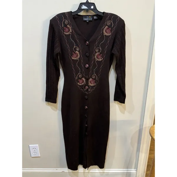 Vintage Carole Little Sweater Dress Duster Floral Embroidered Midi Wool Brown - Image 3