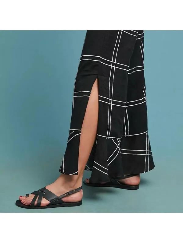 Anthropologie Sancia Black Windowpane Wide Leg Pants Size S Side Slit Cotton Resort - Image 2