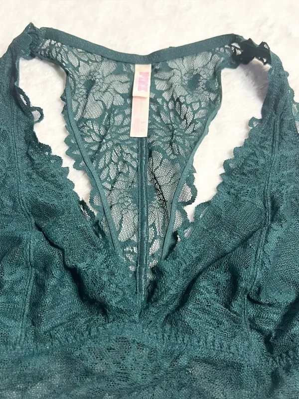 VS PINK Dark Green Lace Racerback Bralette Wireless Comfort Bra Size Large - Image 3