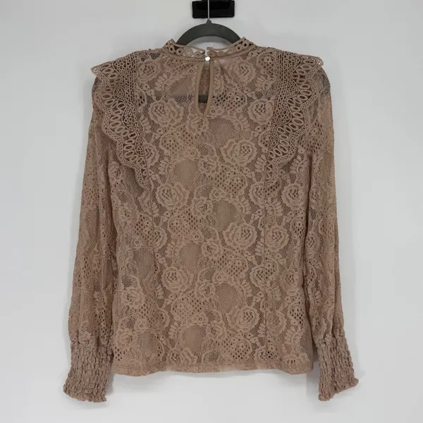Women's Taupe Floral Lace Ruffle Mock Neck‎ Long Sleeve Blouse Top - Image 2
