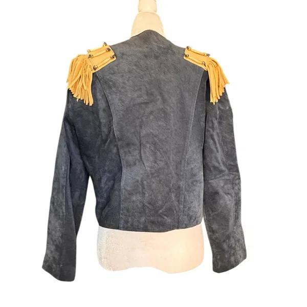 Vintage Black Suede Tan Fringe Military Jacket‎ Small Western Rocker Leather - Image 5