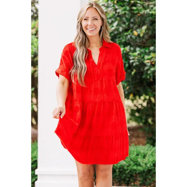 Umgee Womens 100% Cotton Dress Large Red Polka Dot Tiered Short Sleeve Boho‎ - Image 3