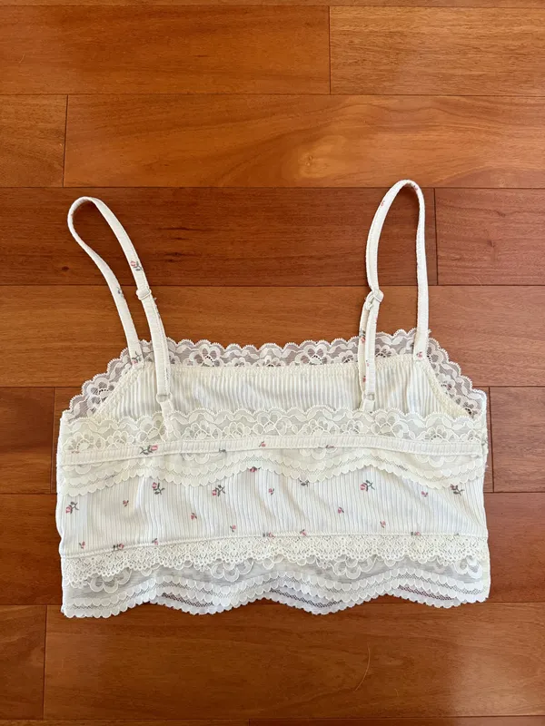 Coquette Dainty Cream Lace Trim Mini Floral Rosette Bow Cami Tank - Image 5