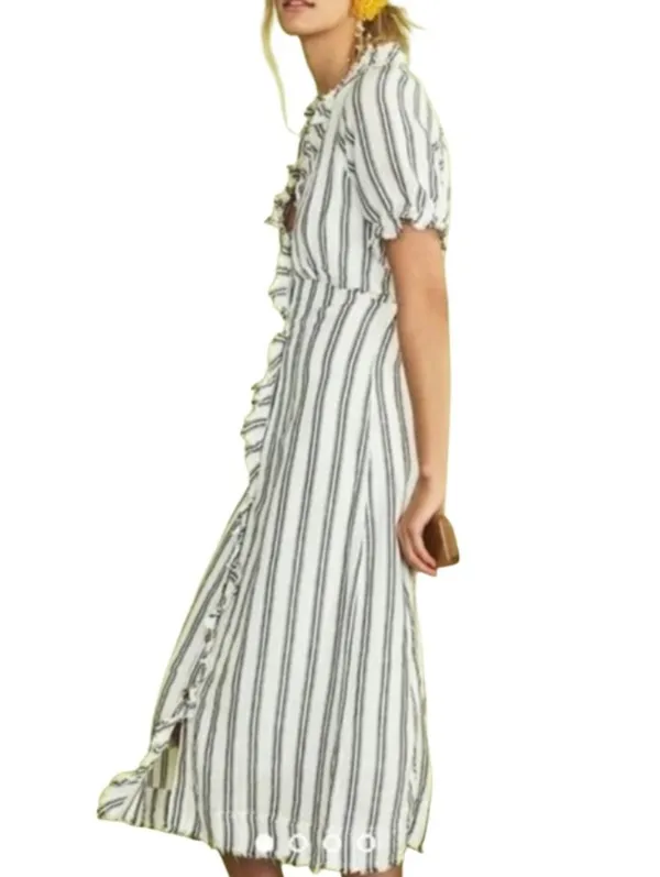 Anthropologie Linen Blend Striped Midi Dress Size 2 Cottagecore Prairie Blk Whit - Image 11