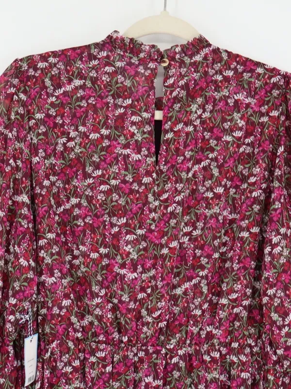 Draper James RSVP Smocked Floral Dress L Burgundy Metallic Long Sleeve Cottageco - Image 12