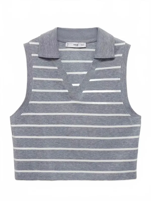 Mango Striped Cropped Polo Shirt NWT Blue XL - Image 4