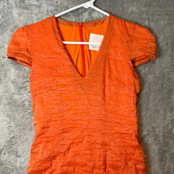 Yigal Azrouel Orange V-Neck‎ Crinkle Bodycon Dress Size 2 - Image 2