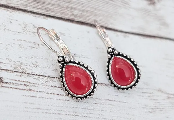 Vintage Earrings For Pierced Ears Red & Silver Tone - Fair Condition - Image 2