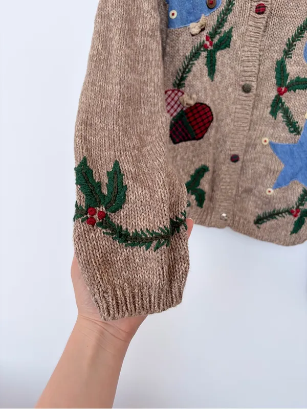 Vintage Cotton Knit Christmas Sweater Patchwork Unique Medium Button Cardigan Red - Image 6