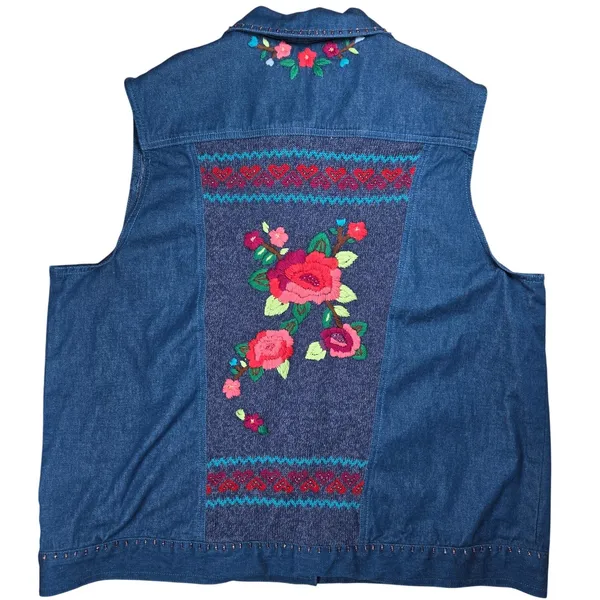 Alfred Dunner Womens Blue Denim Vest‎ Floral Embroidered Beaded Size 14 Indigo - Image 2