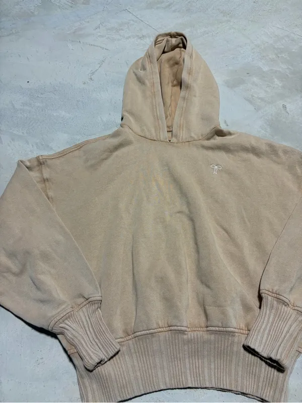 Aerie Embroidered bow Logo Beige Hooded Sweatshirt small - Image 2