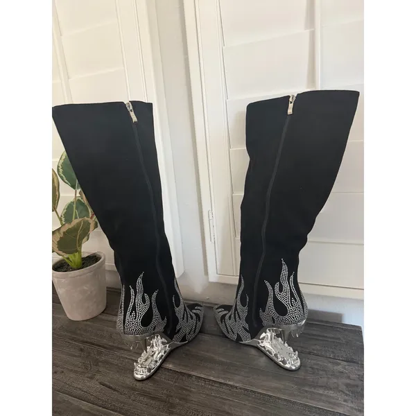 Others Follow Women Size 8 Wedge Heel Flame Rhinestone Point Toe Knee High Boot Fashion Trendy - Image 8