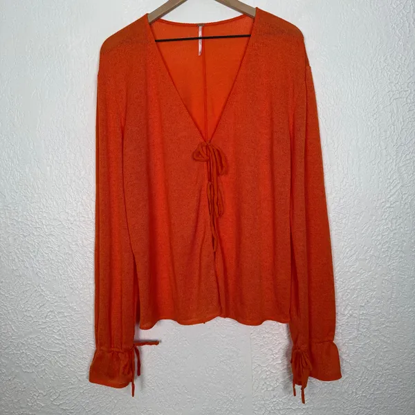 Free People Hello Hacci Knit Tie Front Long Sleeve Sheer Top Orange Size XL - Image 2