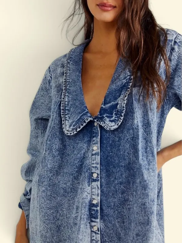 Free People Ruffle Collar Denim Swing Blouse - Lightest Indigo Blue SZ Amall - Image 3