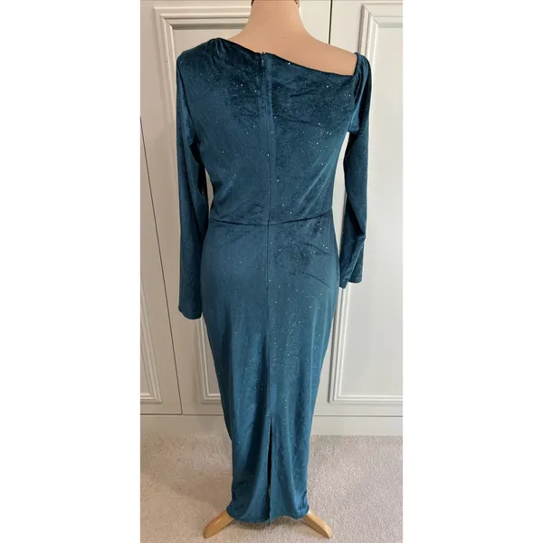 Aomei Teal Velvet Sparkle Maxi Dress Stretch Old Hollywood Glamour Opera Theater - Image 3