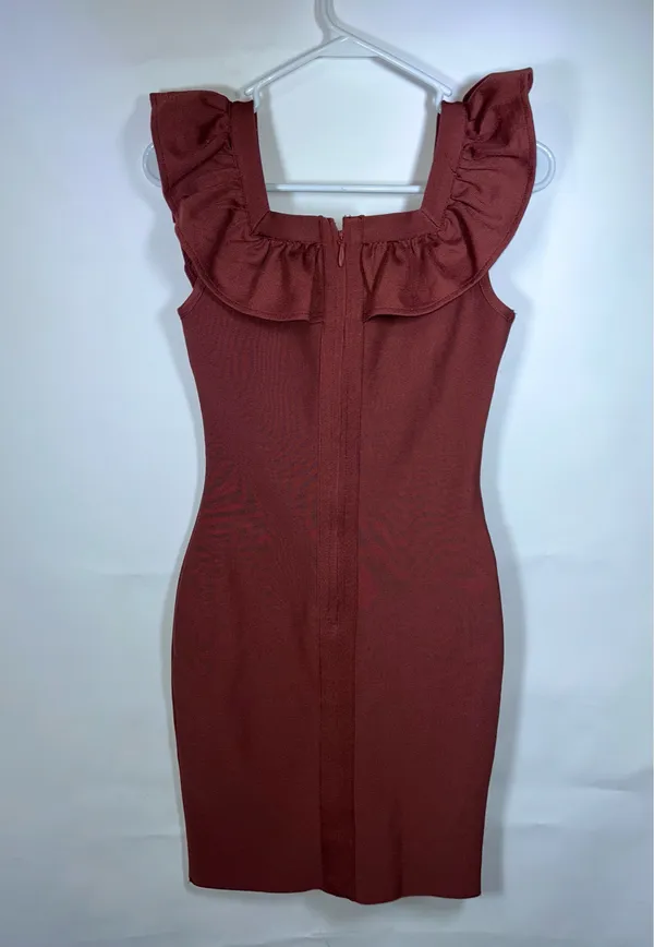 Lilly’s Kloset Size Small Brown Ruffle Bandage Bodycon Midi Dress - Image 2