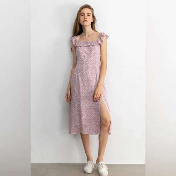 J.ING Lavender Floral Midi Dress Ruffle Sleeve Side Slit Size XS NWT - Image 2