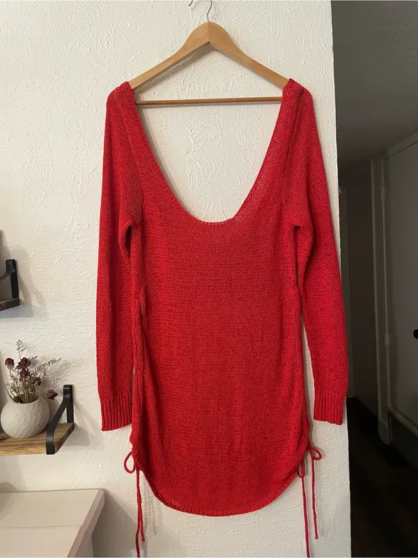 SNDYS x REVOLVE Turn Back Time Mini Dress in Red Scoop Neck Long Sleeve Small - Image 3