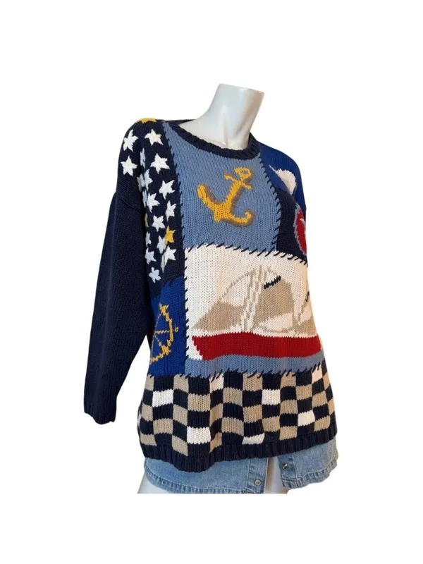 1980s Nautical Maritime Sailing Vintage Sailboat Whimsical Lagenlook Sweater - Image 4
