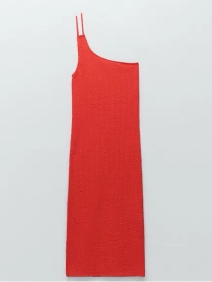 ZARA Asymmetric One Shoulder Midi Cable‎ Knit Red Dress - Image 2