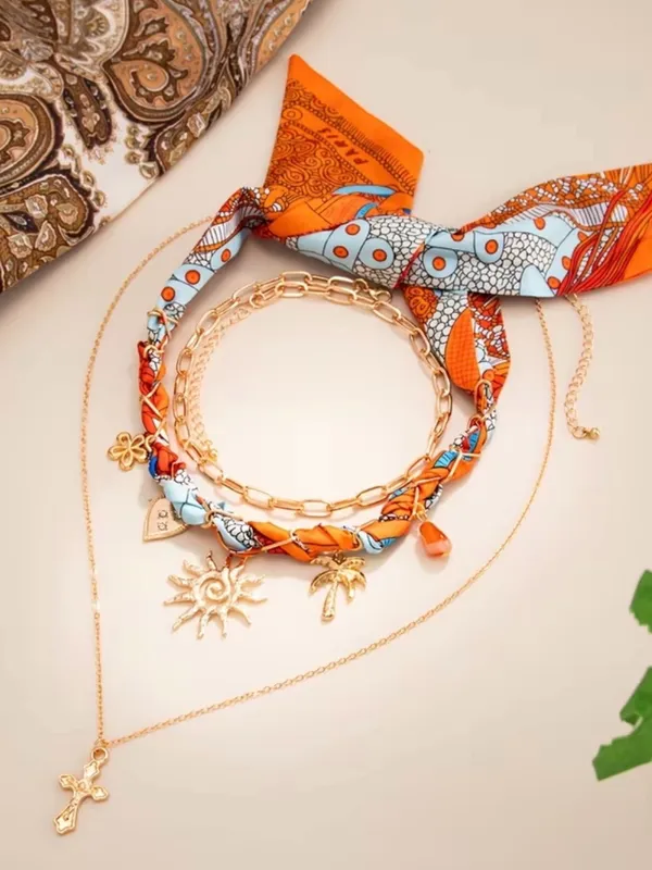 ☀️BOGOHO☀️Layered Sun & Cross Necklace Set with Orange & Blue Scarf Accent - Image 6